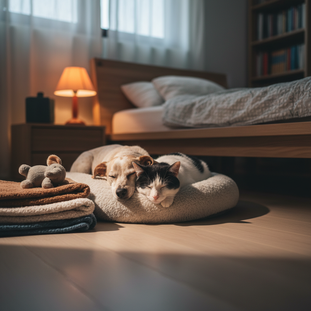 A serene nighttime scene of a small, speckled rescue-style dog and a domestic short-haired tuxedo cat sharing a cushioned pet bed at the foot of a low platform bed. A dim, warm bedside lamp casts a gentle amber glow, illuminating their peaceful faces and casting soft, elongated shadows on the floor. Nearby, a neatly stacked pile of pet blankets and a single plush toy suggest comfort and security. Shot from a low angle at their eye level, the camera focuses sharply on the resting animals while the rest of the bedroom fades into a soft blur. The mood is tender, safe, and loving, emphasizing rest and emotional wellbeing in a warm, photographic lifestyle aesthetic.
