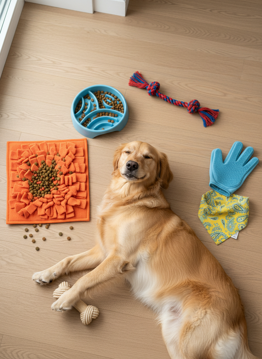 An overhead photographic view of a colorful pet enrichment setup on a light oak floor, featuring an assortment of toys and care items arranged around a content, medium-sized golden dog lying on its side. Surrounding the dog are puzzle feeders, a slow-feed bowl with kibble, a tug rope, a dental chew, a soft grooming glove, and a neatly folded bandana. Diffused daylight from a nearby window creates even, shadow-soft lighting, enhancing the textures of fabric, rubber, and fur. The composition follows a circular layout, drawing the eye around the playful objects and back to the relaxed dog at the center. The mood is energetic yet cozy, celebrating interactive play and mindful care in crisp photographic realism with vibrant, happy colors.