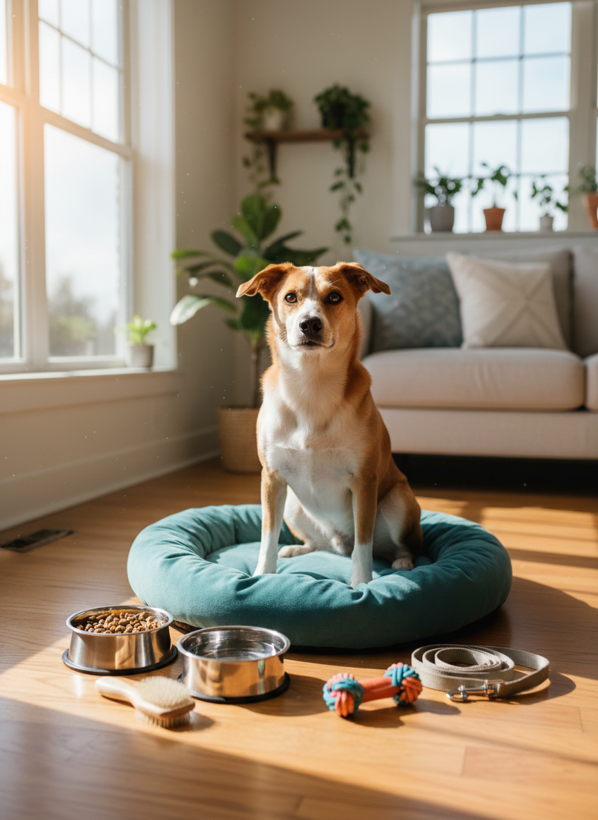 A cheerful mixed-breed dog with a shiny caramel and white coat and bright, curious eyes sits on a plush teal dog bed in a sunny living room. Around the dog are neatly arranged pet care essentials: stainless steel food and water bowls, a soft-bristled grooming brush, a colorful rubber chew toy, and a folded leash. Warm afternoon light pours through a large window, casting soft shadows and a cozy glow over the scene. Shot at eye level with a shallow depth of field, the dog is in sharp focus while the background couch and houseplants blur gently. The mood is playful, welcoming, and reassuring, in a clean, photographic realism style suited to a friendly pet care blog.
