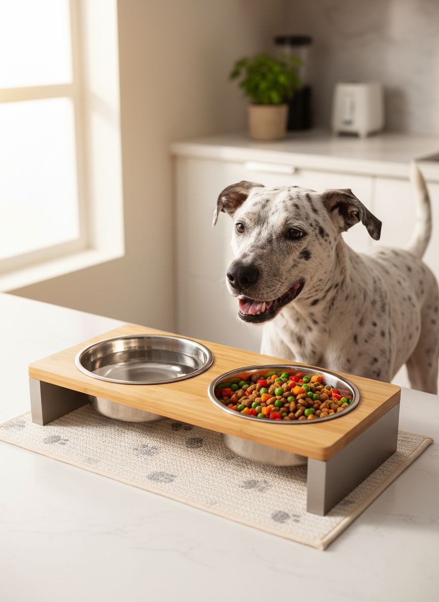 A bright, cheerful kitchen scene featuring a sturdy, medium-sized spotted dog eagerly watching a modern elevated feeding station with two stainless steel bowls, one filled with fresh water and the other with a colorful, balanced meal of kibble and vegetables. The station sits on a washable mat with subtle paw-print patterns. Sunlight streams in from a nearby window, creating playful reflections on the metal bowls and gentle highlights on the dog’s coat. Photographed from a slightly low angle, the composition emphasizes the dog’s anticipation and the thoughtfully prepared meal. The background shows clean countertops and a potted herb plant, softly out of focus. The mood is upbeat and caring, highlighting nutrition and routine in clean, photographic realism.