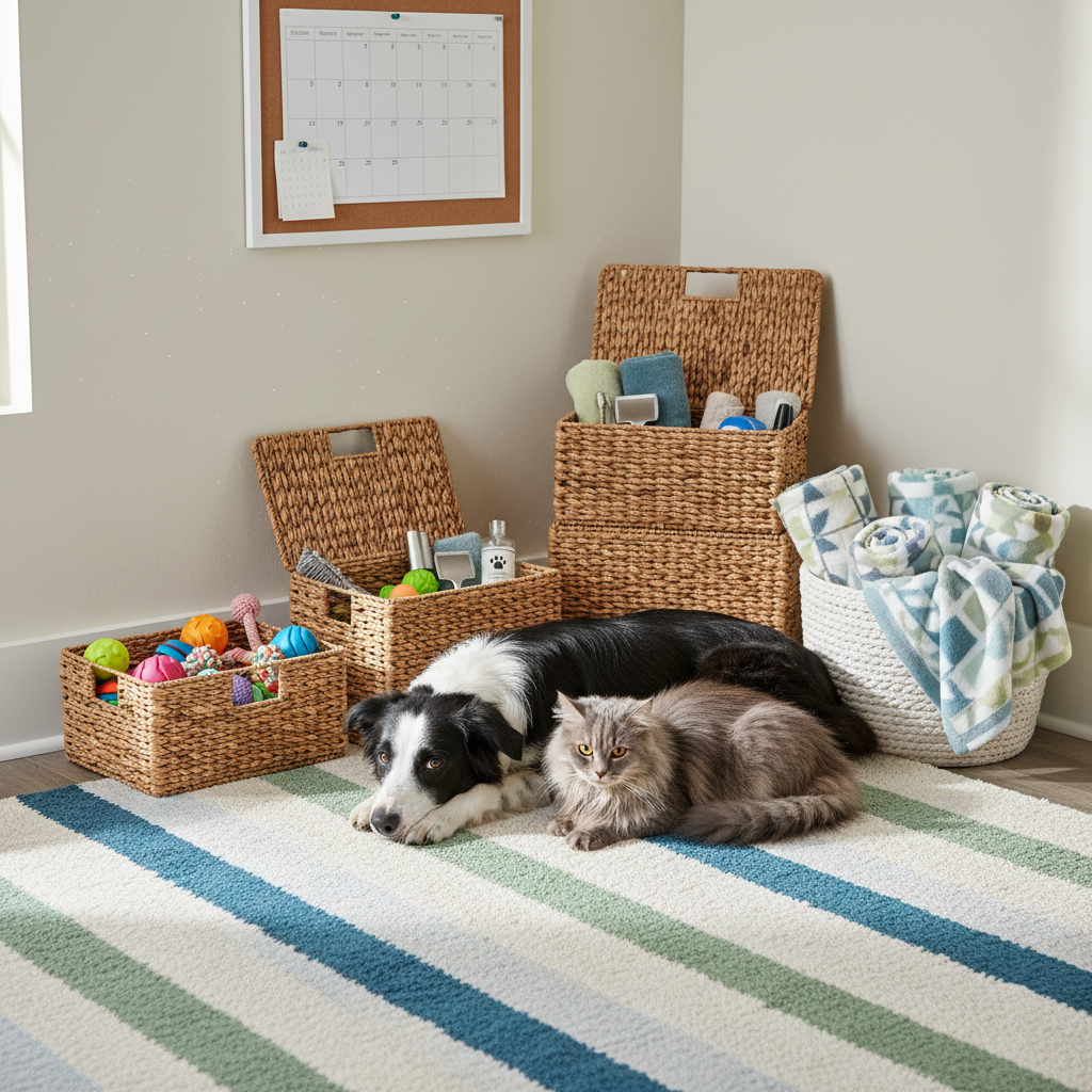 A tidy corner of a cozy home transformed into a playful pet care station, featuring a medium-sized, short-haired black and white dog and a fluffy gray cat resting side by side on a striped rug. Behind them, open wicker baskets neatly display toys, grooming supplies, and folded blankets. A calendar board without text hangs above, visually suggesting routine. Soft mid-morning light from an unseen window illuminates their glossy coats and adds a subtle glow to the neutral walls. Shot with a wide-angle, eye-level composition, the image shows the full corner while keeping the animals as the focal point. The mood is organized yet fun, emphasizing companionship and everyday wellness in a bright, photographic, lifestyle style.