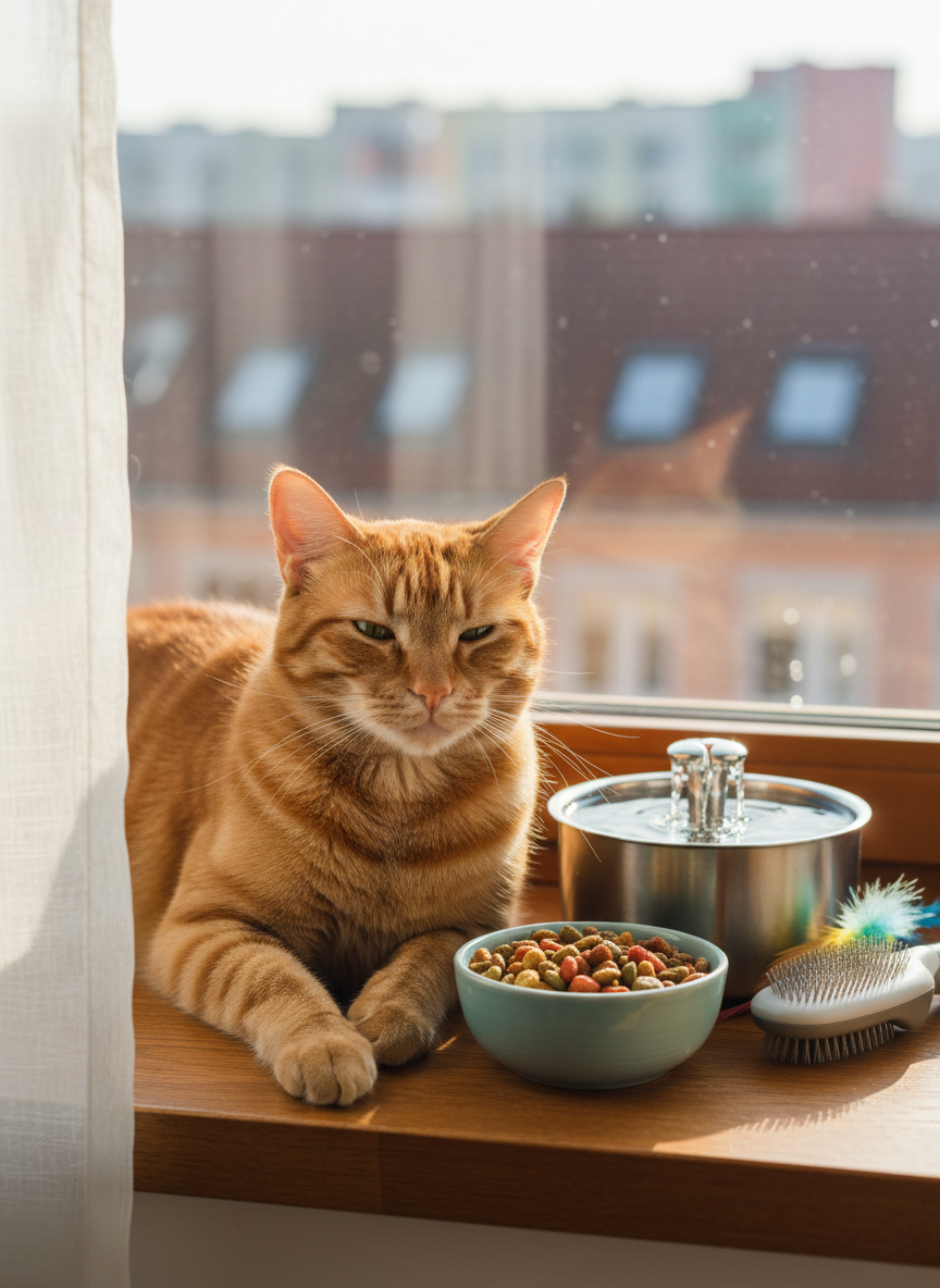 A healthy ginger tabby cat with sleek, well-groomed fur lounges on a windowsill beside a small collection of pet care items: a measured portion of high-quality kibble in a ceramic bowl, a stainless steel water fountain, a feather wand toy, and a compact cat brush. Soft morning sunlight filters through sheer curtains, creating gentle highlights on the cat’s whiskers and casting delicate patterns on the wooden sill. Photographed from a slightly elevated angle, the cat’s relaxed posture and half-closed eyes convey contentment and wellbeing. The background is softly blurred city rooftops, adding depth without distraction. The atmosphere is calm, nurturing, and quietly joyful, captured in bright, photographic realism that reflects thoughtful feline care.